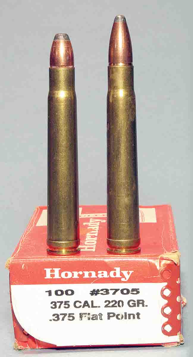 For practice, John once developed a reduced .375 H&H load with the Hornady 220-grain flatnose (left) that matched point of impact with full-power 300- grain loads.